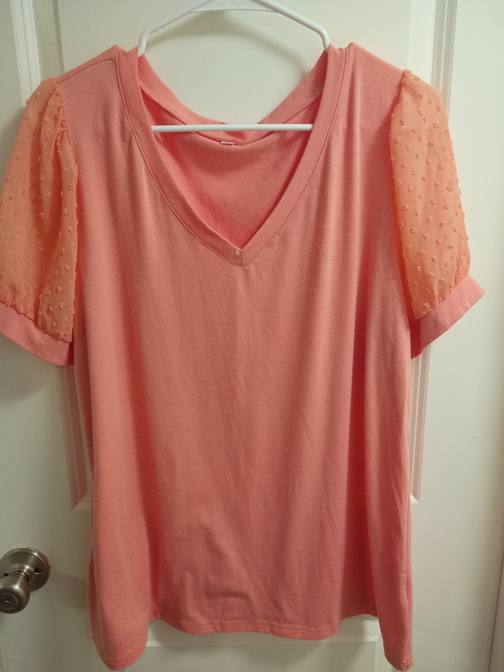 Women's V-Neck Short Sleeve Tee with Sheer Dot Sleeves - Coral Pink